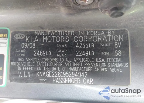 2009 Kia Optima Lx из США, поврежденный, VIN KNAGE228195294942